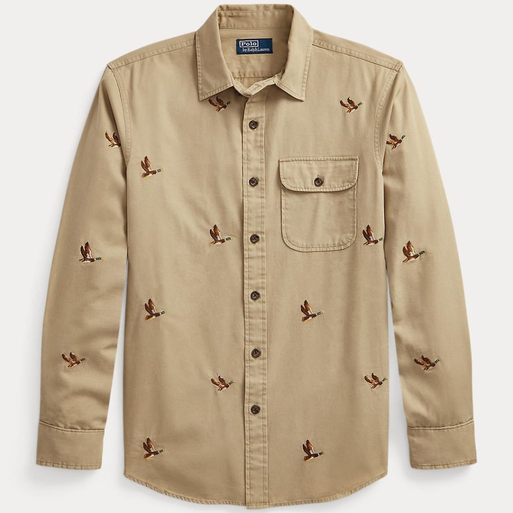 Polo Ralph Lauren Classic Fit Suede Patch Mallard Shirt Vintage Khaki Men's XL